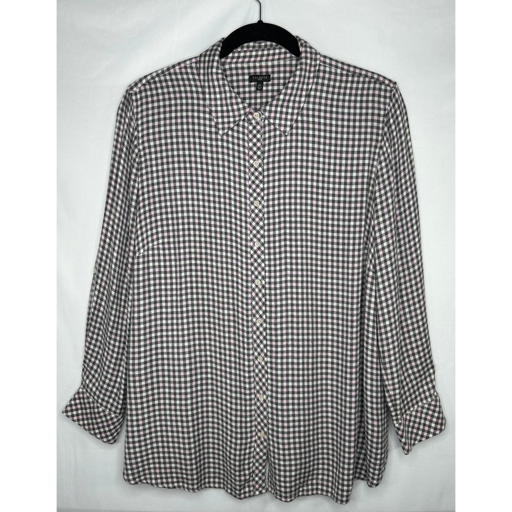 Talbots Woman Pink Gray Gingham Check Viscose Button Down Shirt 2X